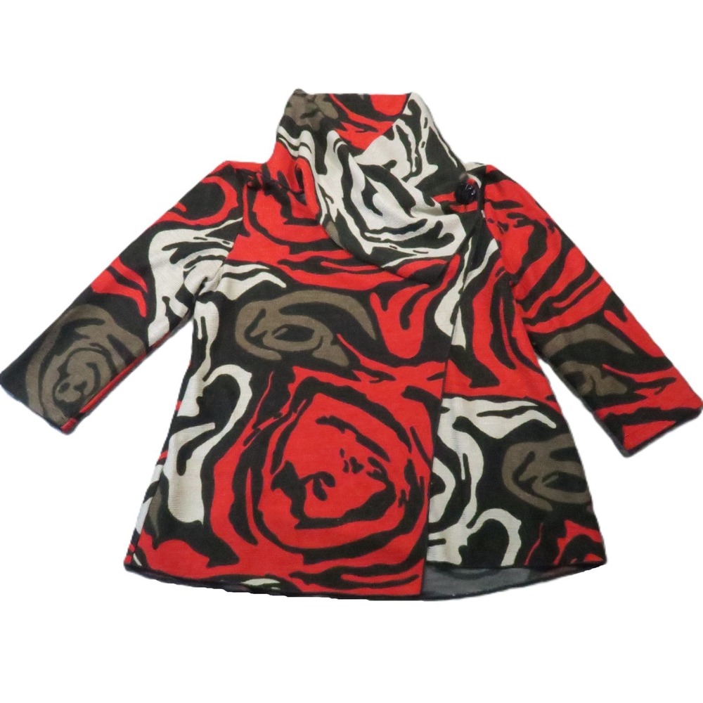 Yushi  Abstract Floral Knit Sweater M Red Asymmetrical Cowl Shawl Neck Lagenlook